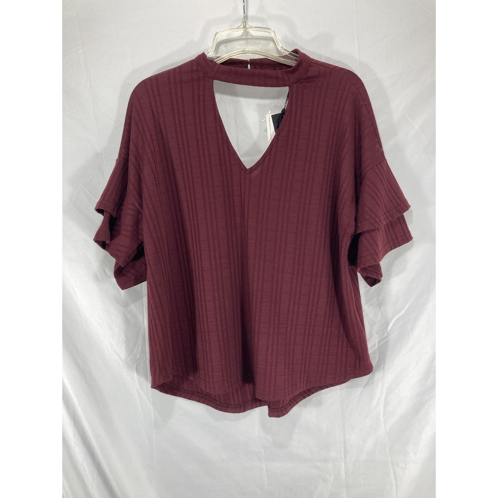 VERY J Midweight RIBBED KNIT Maroon RAW HEM V-Neck PULLOVER SWEATER Sz M